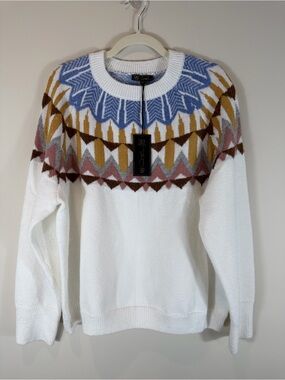 DG2 Diane Gilman White Crewneck Sweater with Blue & Gold Fair Isle Yoke 2X